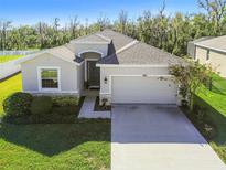 One-story home with attached garage, landscaping, and a paved driveway at 35980 Morse Willow Ct, Zephyrhills, FL 33541