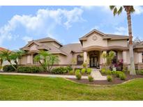 Two-story house with landscaped yard, stone accents, and palm trees at 1655 Canopy Oaks Blvd, Palm Harbor, FL 34683