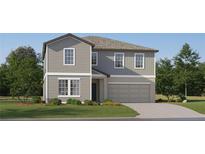 Two-story house with gray siding, two-car garage, and landscaping at 8438 Bella Mar Trl, Parrish, FL 34219