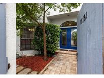 Inviting entrance with blue double doors and a landscaped walkway creates a warm and welcoming curb appeal at 18732 Wimbledon Cir, Lutz, FL 33558