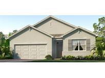 One-story house with light-colored siding, a two-car garage, and landscaping at 35161 Valley Ridge Rd, Dade City, FL 33525