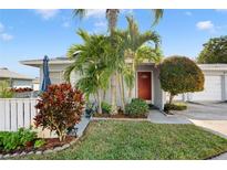 Florida home with red door, landscaped yard, and palm trees at 1606 Berwick Ct # C, Palm Harbor, FL 34684