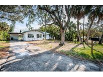 White house with blue trim, large yard at 1820 Sutherland W Dr, Palm Harbor, FL 34683