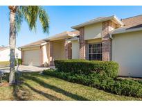 Brick front of house with two-car garage and well-maintained landscaping at 1116 Flora Vista St, Trinity, FL 34655