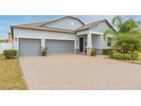 Two-story house with gray siding, three-car garage, and landscaped front yard at 11714 Sunburst Marble Rd, Riverview, FL 33579