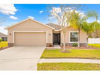 Tan house with garage, landscaping, and palm trees at 18255 Waydale Loop, Hudson, FL 34667