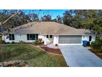 Single-story home with light-colored siding, a large driveway, and a well-manicured lawn at 195 Rusk Cir, Spring Hill, FL 34606