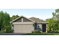 Single-story house with gray siding, two-car garage, and landscaping at 17283 Whiskey Creek Trl, Parrish, FL 34219