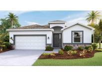 Single-story home with white exterior, gray accents, and landscaping at 5644 Silver Moonlight Dr, Palmetto, FL 34221