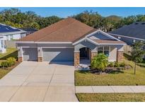 Single-story home with a two-car garage and landscaped yard at 17671 Bright Wheat Dr, Lithia, FL 33547