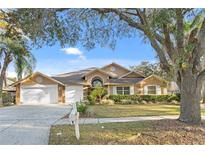 Charming single-story home boasts a well-manicured lawn, three-car garage, and inviting curb appeal at 8701 Ballantrae Way, Tampa, FL 33647