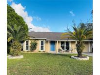 Cute ranch home with landscaped lawn, palm trees, and a blue front door at 3628 Dellefield St, New Port Richey, FL 34655