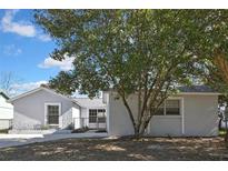 Newly renovated home with a fenced backyard and a large tree in front at 3332 Vorden St, New Port Richey, FL 34655