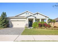 Single-story home with a two-car garage, landscaping, and a paved driveway at 6232 Sea Air Dr, Apollo Beach, FL 33572