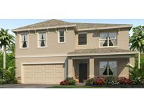Two-story house with beige exterior, two-car garage, and landscaping at 10562 Farm Hill Ave, Land O Lakes, FL 34638