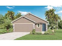 One-story home with two-car garage, stone accents, and palm trees at 5240 Salt Marsh Rd, Wimauma, FL 33598