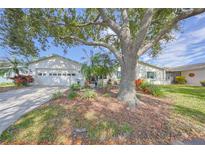 Front view of a white house with mature landscaping and a spacious driveway at 1318 Leland Dr, Sun City Center, FL 33573