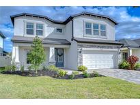 Two-story house with a white exterior, gray door, and landscaped lawn at 22223 Woodmen Hall Dr, Land O Lakes, FL 34637