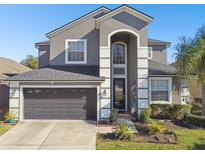 Two-story house with gray siding, dark garage door, and landscaping at 3030 Trinity Cottage Dr, Land O Lakes, FL 34638
