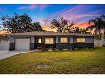 Updated single-story home with gray and blue exterior, landscaping, and a white garage door at 3282 Honeysuckle Rd, Largo, FL 33770