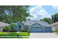 Beautiful blue home with a two-car garage and lush landscaping at 2015 Wexford Green Dr, Valrico, FL 33594