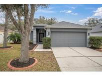 Gray one-story house with a two-car garage and well-manicured lawn at 8224 Stockton Way, Tampa, FL 33647
