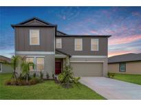 Two-story home with neutral siding, attached garage, and landscaped lawn at 11307 Linden Depot Rd, San Antonio, FL 33576