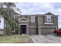 Two-story house with gray siding, two-car garage, and landscaping at 2420 Allegheny Valley St, Ruskin, FL 33570