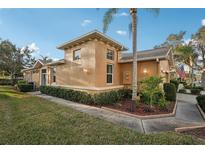 Tan house with palm trees, landscaped yard, and walkway at 1141 Jameson Greens Dr # 3, Sun City Center, FL 33573
