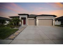Two-story house with a two-car garage and landscaping at 18241 Romanesque Ct, Spring Hill, FL 34610