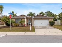 Tan house with white garage door and landscaping at 1700 Hibiscus N Cir, Oldsmar, FL 34677