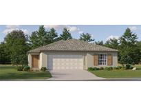 One-story home with a beige exterior, white garage door, and landscaping at 17686 Shirewood Way, Land O Lakes, FL 34638
