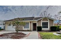 Cute one-story home with landscaped front yard and attached garage at 838 Franklin Cir, Palm Harbor, FL 34683
