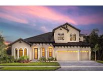 Stunning two-story home featuring a tile roof, arched windows, three car garage and well manicured front yard at 14638 Swiss Bridge Dr, Lithia, FL 33547