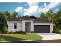 Single-story home with dark gray garage door and light-colored siding at 10237 Fieldstone Myrtle Way, San Antonio, FL 33576