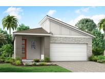 One-story home with modern design, gray exterior, orange door, and stone accents at 17777 Solstice Ave, Venice, FL 34293