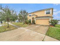 Two-story house with a tan exterior, two-car garage, and landscaping at 534 19Th Nw St, Ruskin, FL 33570