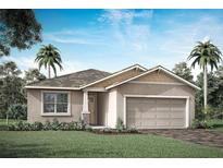 One-story home with light beige exterior, wood accents, and a two-car garage at 12199 Meditation Trl, Venice, FL 34293