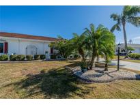 Landscaped front yard with palm trees and a circular driveway at 1207 Bluewater Dr, Sun City Center, FL 33573