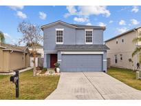 Two-story house with gray siding, red door, and a two-car garage at 17347 Mint Leaf Ln, Land O Lakes, FL 34638