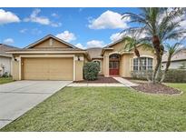 Tan one-story house with attached garage, landscaping, and palm trees at 19820 Morden Blush Dr, Lutz, FL 33558