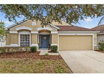 Tan one-story house with blue door, two-car garage, and landscaping at 5310 Algerine Pl, Wesley Chapel, FL 33544