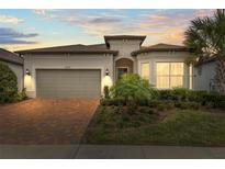 Single-story home with gray siding, brown roof, and a brick driveway at 19771 Ship Wheel Way, Land O Lakes, FL 34638