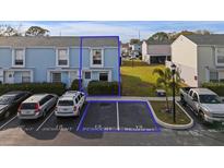 Aerial view of a light blue two-story home with parking at 11813 Cypress Hill Cir # 11813, Tampa, FL 33626