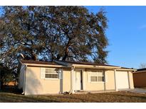 Tan house with attached garage, and large oak tree in front yard at 9116 Chantilly Ln, Port Richey, FL 34668