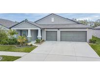 One-story home with gray exterior, two-car garage, and landscaped yard at 10832 Sage Canyon Dr, Riverview, FL 33578