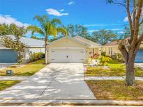 Single-story house with a two-car garage and well-maintained lawn at 11310 Palm Island Ave, Riverview, FL 33569