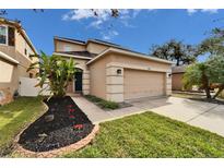 Two-story house with a two-car garage and well-maintained landscaping at 12610 Geneva Glade Dr, Riverview, FL 33578