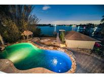 Luminous in-ground pool with a unique freeform design, surrounded by a stone patio at 1302 Belcher Dr, Tarpon Springs, FL 34689