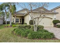 Single-story home with landscaped yard, paved driveway, and two-car garage at 2721 Tarragona Way, Wesley Chapel, FL 33543